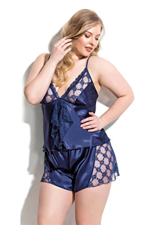 Bicomi Büyük Beden Lacivert Saten Babydoll Şort Takımı