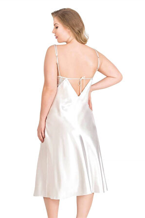 Bicomi Büyük Beden Ekru Uzun İkili Saten Sabahlık Gecelik Takımı