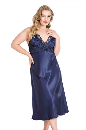 Bicomi Büyük Beden Lacivert Uzun İkili Saten Sabahlık Gecelik Takımı