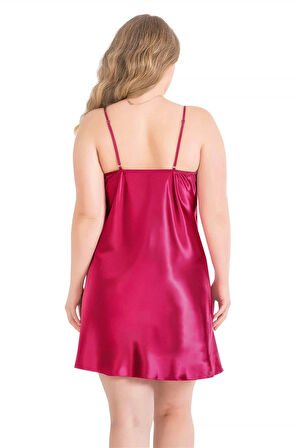 Bicomi Büyük Beden Vişne Kısa Saten Gecelik