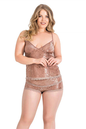 Bicomi Büyük Beden Vizon Jakarlı Babydoll Şort Takımı