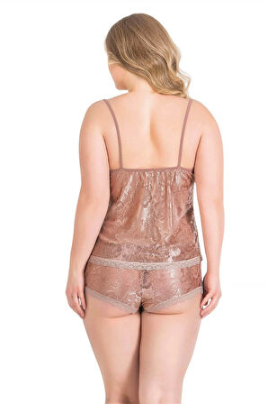 Bicomi Büyük Beden Vizon Jakarlı Babydoll Şort Takımı