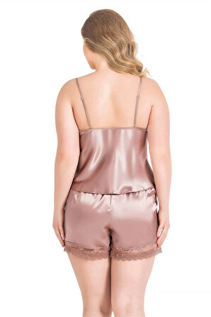 Bicomi Büyük Beden Vizon Saten Babydoll Şort Takımı