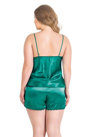 Bicomi Büyük Beden Zümrüt Saten Babydoll Şort Takımı