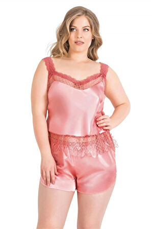 Bicomi Büyük Beden Mercan Saten Babydoll Şort Takımı
