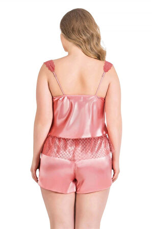 Bicomi Büyük Beden Mercan Saten Babydoll Şort Takımı