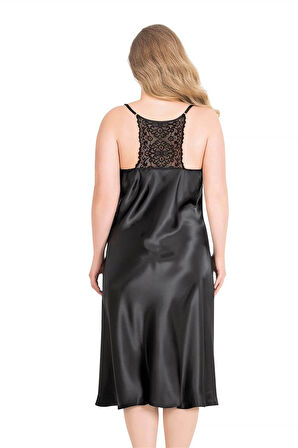 Bicomi Büyük Beden Siyah Uzun Saten Gecelik