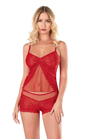 Bicomi Kırmızı Jakarlı Babydoll Şort Takımı