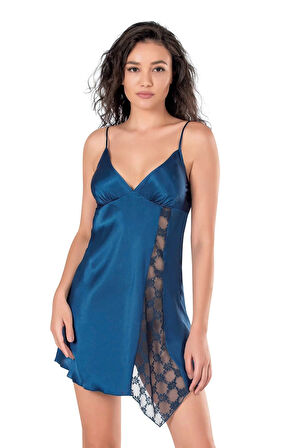 Bicomi Petrol Mavisi Kısa Saten Gecelik