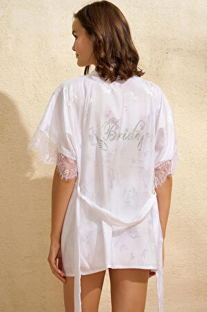 Bicomi Saten Bride Baskılı Dantelli Sabahlık Balensiz Desteksiz Dolgusuz Bralet Sütyen ve Şort 3lü Takım