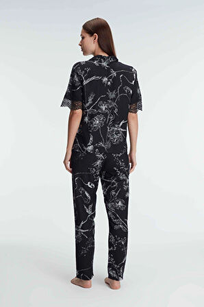Bicomi Yarım Kollu V Yaka Kadın Viskon Çiçek Desenli Yazlık Dokuma Dantel Detaylı Pijama Takımı