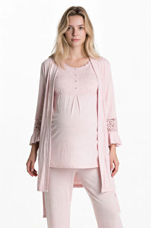 Kısa Kol Bisiklet Yaka Kadın Viskon Dantel Detaylı Hamile Pijama Takımı Sabahlık