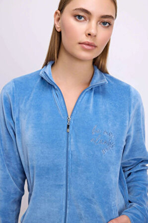 Uzun Kollu Fermuarlı Kadife Sweatshirt ve Pantolon Pijama Takımı