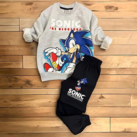 Gri Renk Sonic Desenli Şardonlu Eşofman Takım