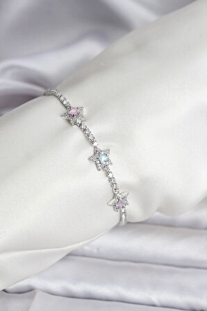 Renkli Yıldız Model Zirkon Taşlı Gümüş Renk Pirinç Su Yolu Kadın Bileklik