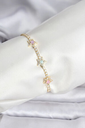 Renkli Yıldız Model Zirkon Taşlı Gold Renk Pirinç Su Yolu Kadın Bileklik