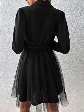 Kadın Uzun Kollu Yakalı Belinde Kemer Detaylı Mini Tüllü Ithal Krep Elbise