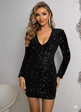 Kadın Uzun Kollu Derin V Yakalı Mini Pulpayet Elbise