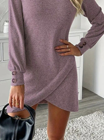 Kadın Uzun Kollu Bisiklet Yaka önden Asimetrik Kesim Detaylı Mini Yumoş Elbise