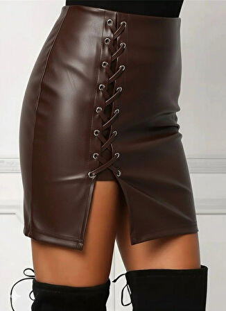 Kadın Yüksek Bel Yandan çapraz Bağcıklı Yırtmaçlı Mini Deri Etek