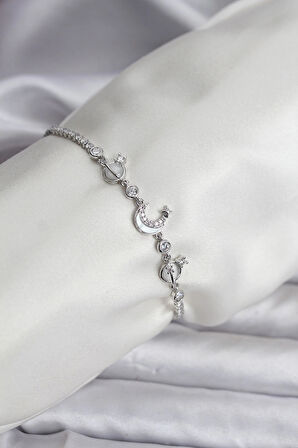 Charmlı Model Zirkon Taşlı Gümüş Renk Su Yolu Kadın Bileklik