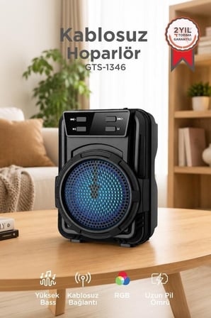 Premium Seyyar Radyo Işıklı Cihaz Eğlence Bluetooth Hoparlör GTS-1346 Siyah