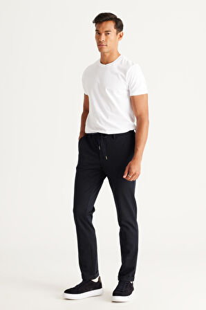 Erkek Lacivert Slim Fit Dar Kesim Yan Cepli Beli Lastikli Bağlamalı Pantolon