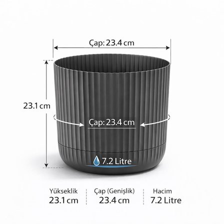 KRS-264 Zeraf Dekoratif Tabaklı Saksı Takımı 7.2 Lt No:4 Antrasit 6 Adet