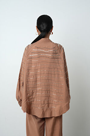 Kadın Arkası Ve Kolları Yatay Taş İşlemeli Oversize Kesim Kimono