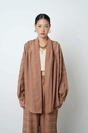 Kadın Arkası Ve Kolları Yatay Taş İşlemeli Oversize Kesim Kimono