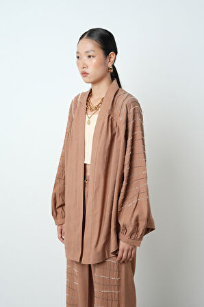 Kadın Arkası Ve Kolları Yatay Taş İşlemeli Oversize Kesim Kimono