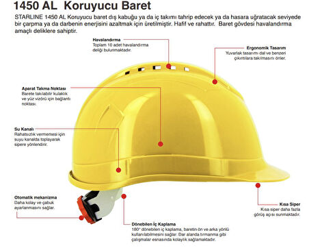 Otomatik Ayarlı Baret Sarı Starline 1450-Al