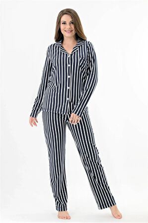 Uzun Kol Ekstra Yumuşak Çizgili Önden Düğmeli Kadın Pijama Takımı Polypamuk 