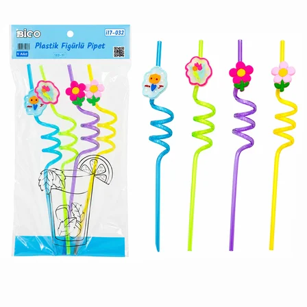 4PCS KIVRIMLI - RENKLİ PLASTİK PİPET FİGÜRLÜ=MİX (5566)