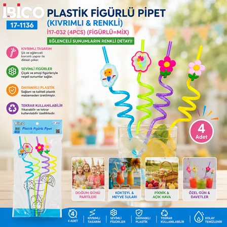 4PCS KIVRIMLI - RENKLİ PLASTİK PİPET FİGÜRLÜ=MİX (5566)