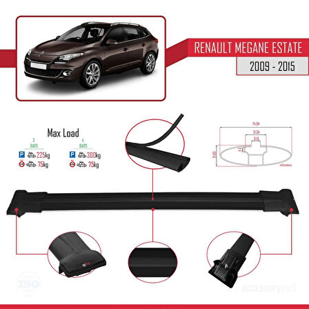 Renault Megane 3 ST 2009-2015 Arası ile Uyumlu FLY Model Ara Atkı Tavan Barı Siyah 3 Adet