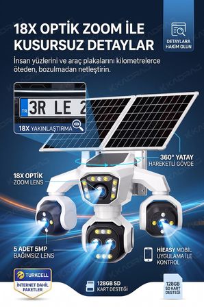 5 Kameralı 4G/E-SIM Destekli 18X Zoom PTZ Güneş Enerjili Profesyonel Dış Mekân Güvenlik Kamerası 25G