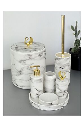 Lüx 7 Parça Elya Desen Porselen Banyo Takımı Beyaz