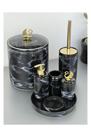 Lüx 7 Parça Elya Desen Porselen Banyo Takımı Siyah