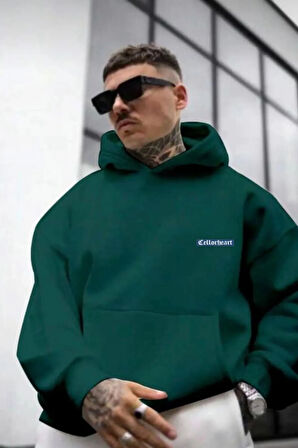 Erkek Yeşil Oversize Cellorheart Baskılı Sweatshirt
