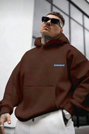 Erkek  Kahverengi Oversize Cellorheart Baskılı Sweatshirt