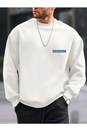 Erkek Beyaz Oversize Celloheart Baskılı Bisiklet  Yaka Sweatshirt