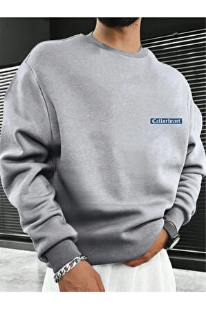 Erkek Gri Oversize Celloheart Baskılı Bisiklet  Yaka Sweatshirt
