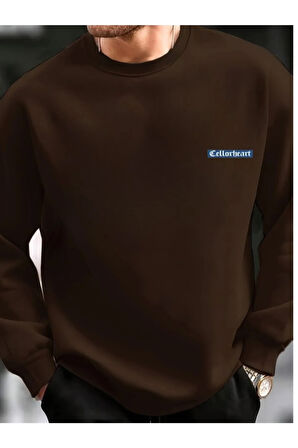 Erkek Kahverengi Oversize Celloheart Baskılı Bisiklet  Yaka Sweatshirt