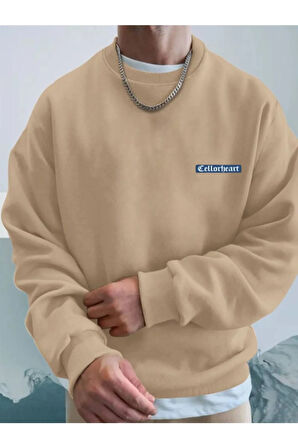Erkek Bej Oversize Celloheart Baskılı Bisiklet  Yaka Sweatshirt