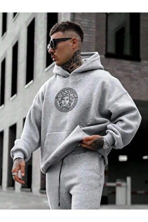 Erkek Gri Oversize Medusa Baskılı Sweatshirt