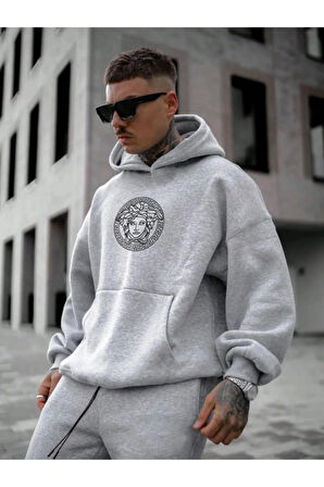 Erkek Gri Oversize Medusa Baskılı Sweatshirt