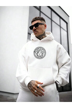 Erkek Beyaz Oversize Medusa Baskılı Sweatshirt