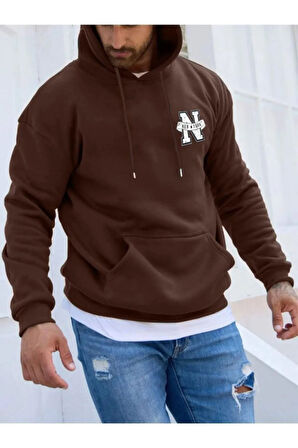 Erkek Kahverengi  Oversize  New York Baskılı Sweatshirt
