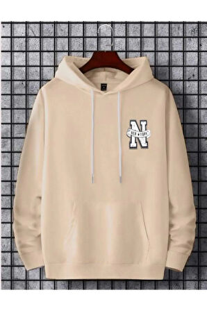 Erkek Bej Oversize  New York Baskılı Sweatshirt